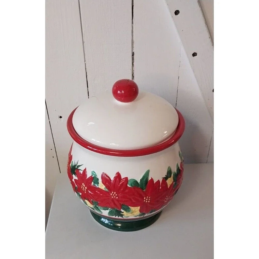 Ceramic Christmas Poinsettia Cookie Jar Canister Holiday Handpainted w/Box